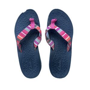 Clarks Tate Muse Pink Multi-Stripe Flip Flops Thong Sandals 8